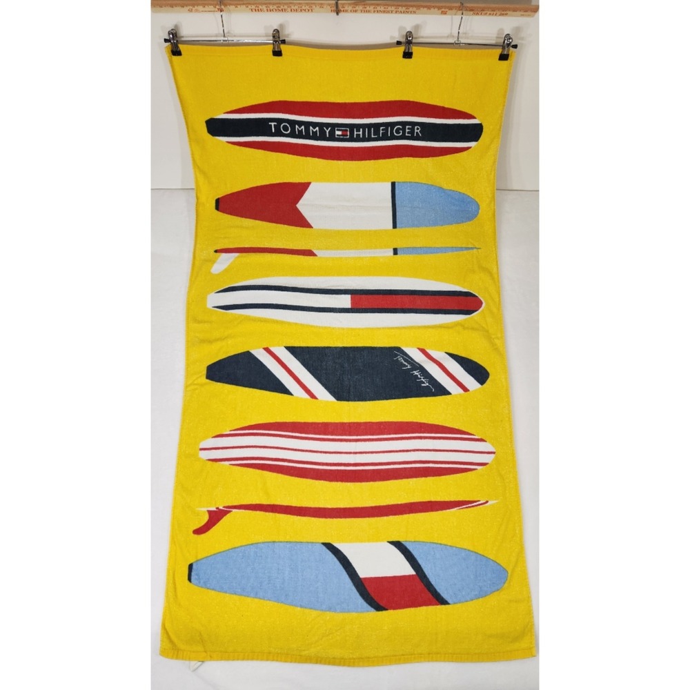 Tommy Hilfiger Surfboard Graphic Beach Towel Yellow Cotton 35x66